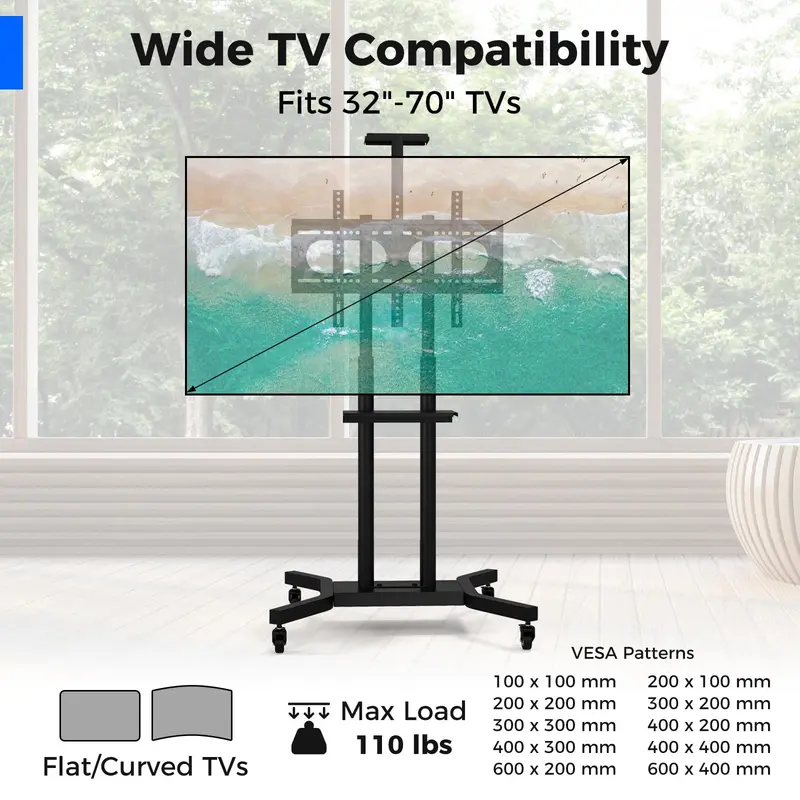 GoPlus Rollbarer TV-Ständer für 32–70-Zoll-Flach- oder Kurven-TVs bis 50 kg, maximaler VESA-Anschluss 600 × 400 mm