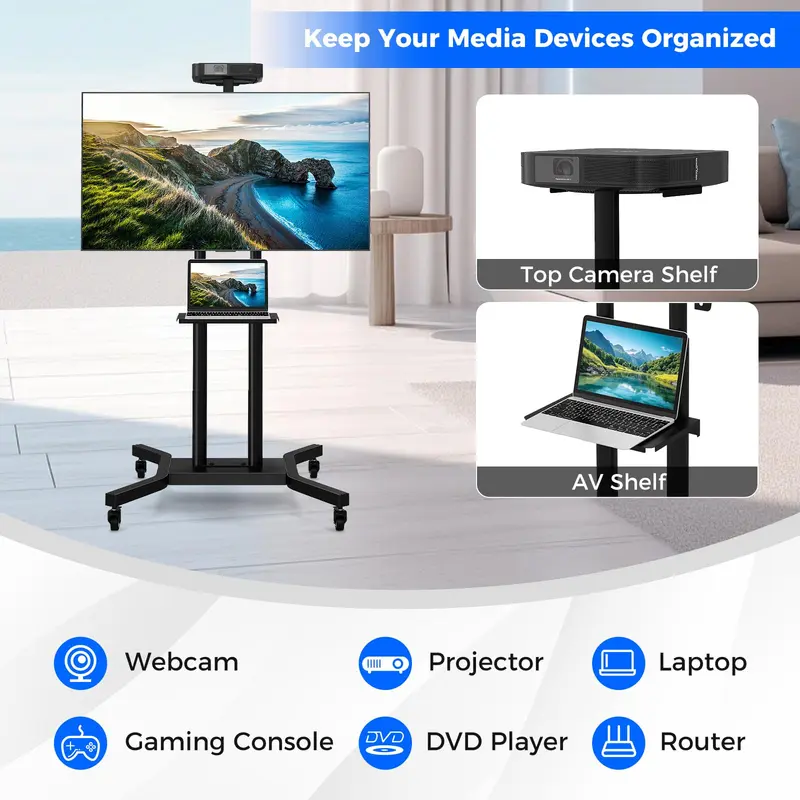 GoPlus Rollbarer TV-Ständer für 32–70-Zoll-Flach- oder Kurven-TVs bis 50 kg, maximaler VESA-Anschluss 600 × 400 mm