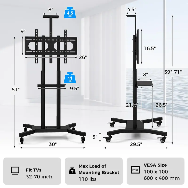 GoPlus Rollbarer TV-Ständer für 32–70-Zoll-Flach- oder Kurven-TVs bis 50 kg, maximaler VESA-Anschluss 600 × 400 mm