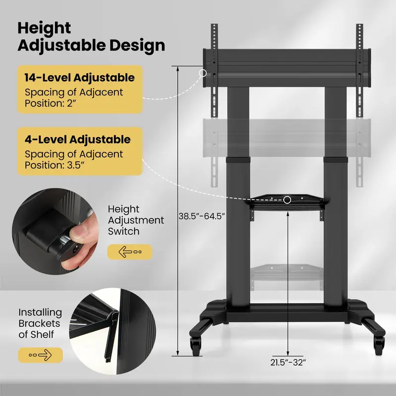 GoPlus Rollbarer TV-Ständer für flache und gebogene LED-/LCD-/OLED-Fernseher von 32" bis 85", Tragkraft bis 60 kg, mobiler Boden-TV-Wagen mit maximaler VESA-Kompatibilität 400 × 700 mm