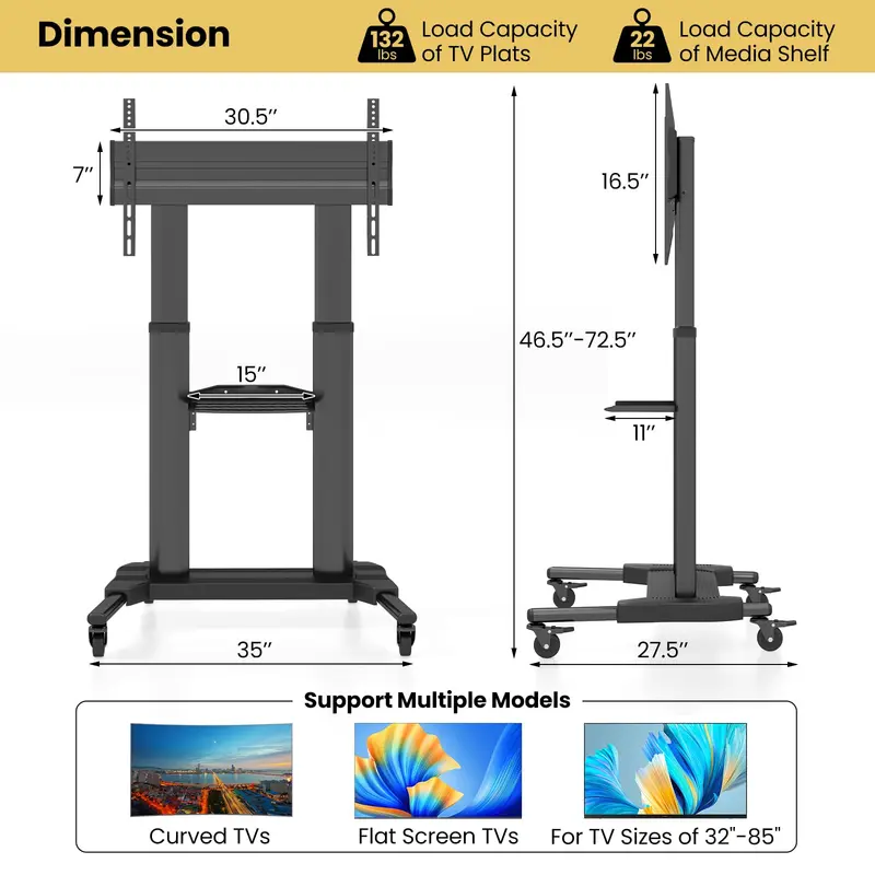 GoPlus Rollbarer TV-Ständer für flache und gebogene LED-/LCD-/OLED-Fernseher von 32" bis 85", Tragkraft bis 60 kg, mobiler Boden-TV-Wagen mit maximaler VESA-Kompatibilität 400 × 700 mm