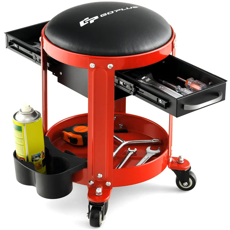 Goplus Rollbarhocker für Mechaniker mit pneumatischem Hubmechanismus, Werkstatt-Hocker mit abnehmbarem gepolstertem Sitz