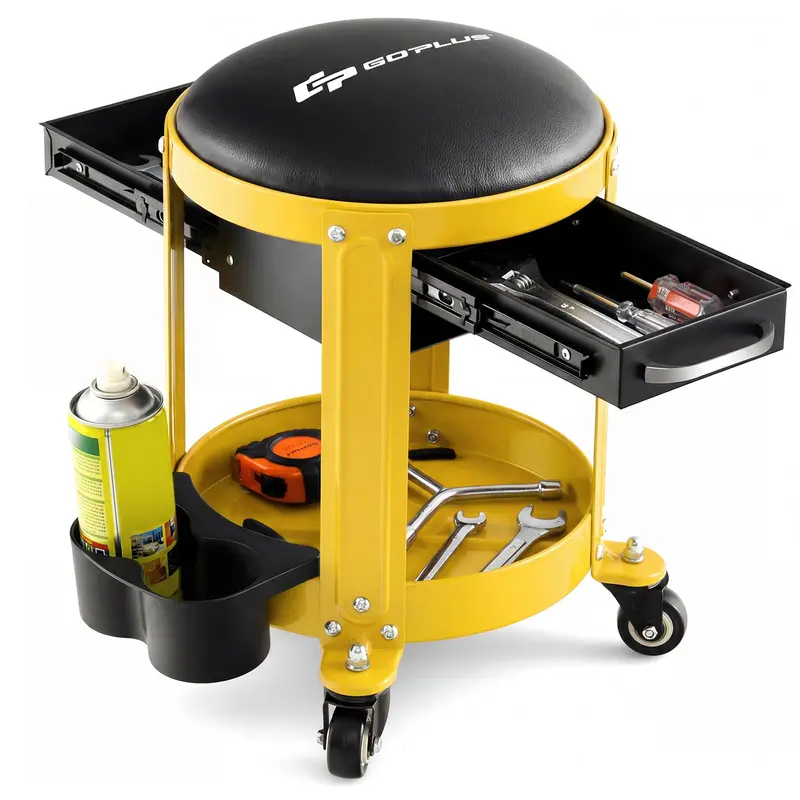 Goplus Rollbarhocker für Mechaniker mit pneumatischem Hubmechanismus, Werkstatt-Hocker mit abnehmbarem gepolstertem Sitz