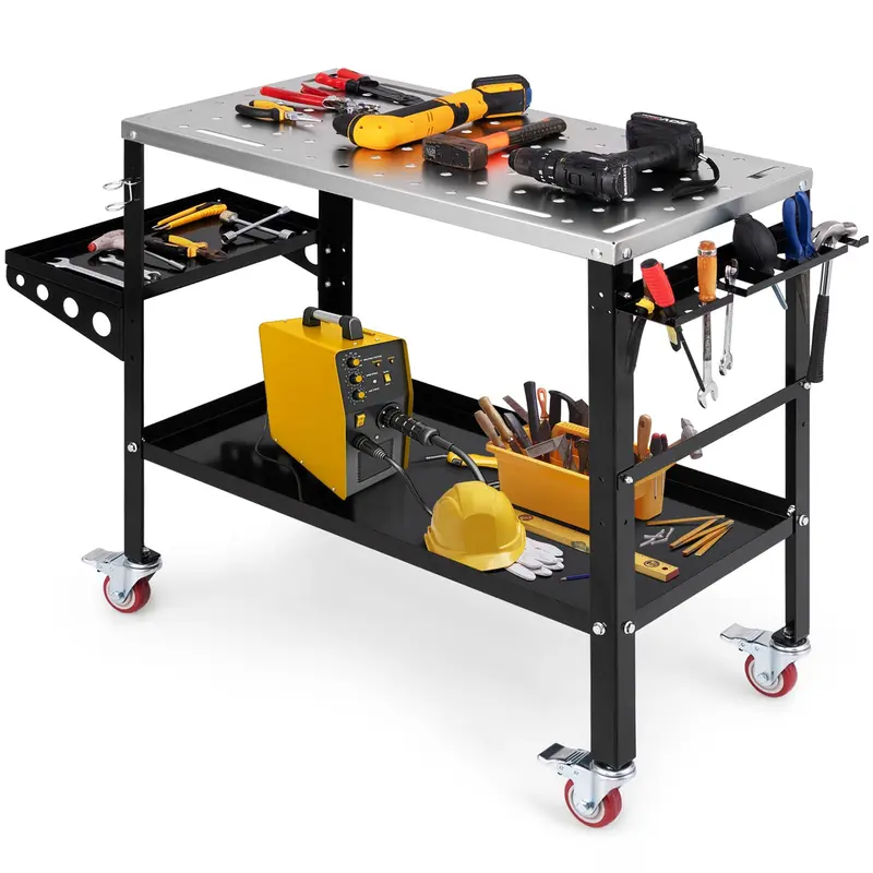 Goplus Rollender Schweißtisch 91 cm × 45 cm, Schweißwerkbank mit 544 kg Tragkraft auf Rollen inkl. Werkzeugablage und -halterung