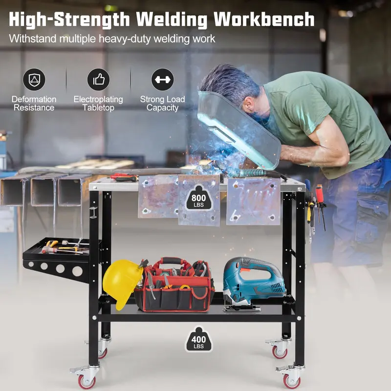 Goplus Rollender Schweißtisch 91 cm × 45 cm, Schweißwerkbank mit 544 kg Tragkraft auf Rollen inkl. Werkzeugablage und -halterung