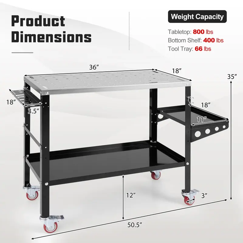 Goplus Rollender Schweißtisch 91 cm × 45 cm, Schweißwerkbank mit 544 kg Tragkraft auf Rollen inkl. Werkzeugablage und -halterung