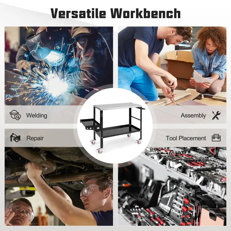 Goplus Rollender Schweißtisch 91 cm × 45 cm, Schweißwerkbank mit 544 kg Tragkraft auf Rollen inkl. Werkzeugablage und -halterung