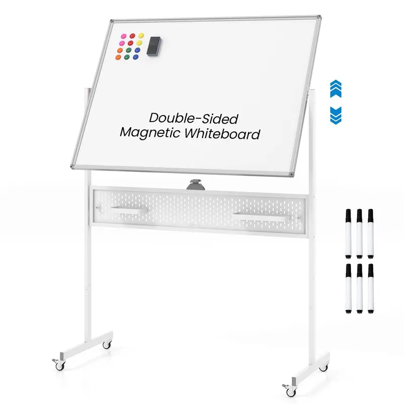 GoPlus Rollender Whiteboard, 48" x 36" höhenverstellbarer Trocken-Whiteboard mit Pinnwand, Haken und Ablagen sowie Magneten