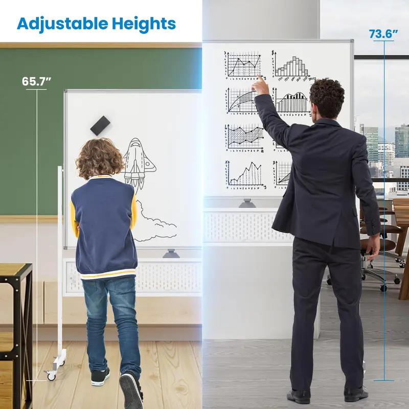 GoPlus Rollender Whiteboard, 48" x 36" höhenverstellbarer Trocken-Whiteboard mit Pinnwand, Haken und Ablagen sowie Magneten 2