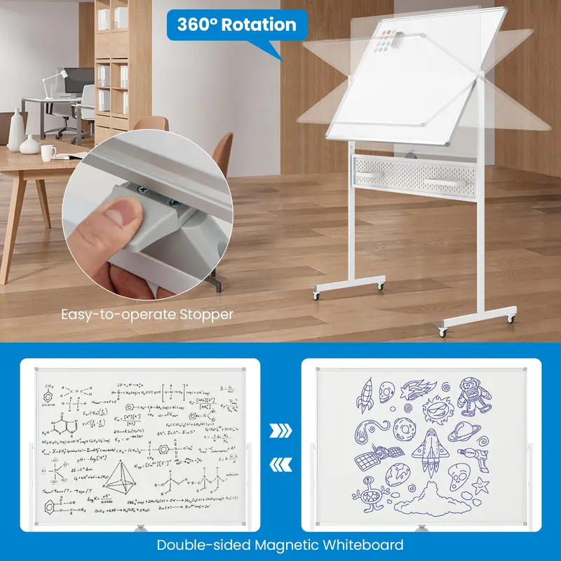 GoPlus Rollender Whiteboard, 48" x 36" höhenverstellbarer Trocken-Whiteboard mit Pinnwand, Haken und Ablagen sowie Magneten
