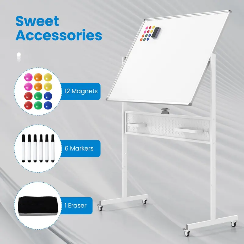 GoPlus Rollender Whiteboard, 48" x 36" höhenverstellbarer Trocken-Whiteboard mit Pinnwand, Haken und Ablagen sowie Magneten