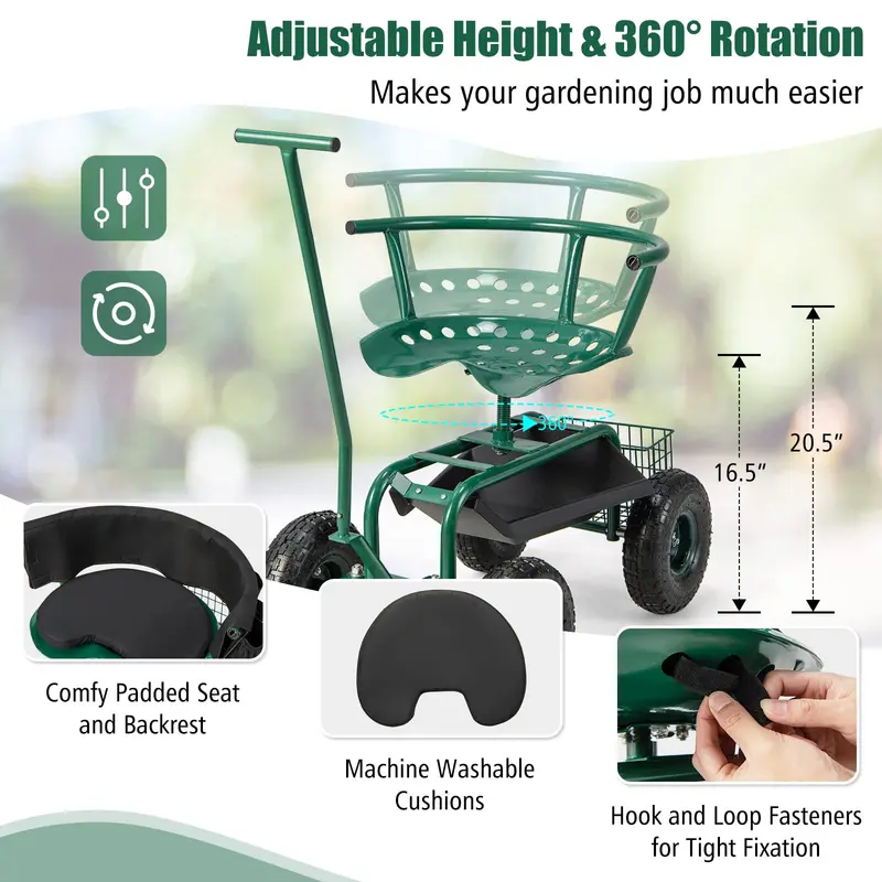 Goplus Rollwagen für den Garten, Gartenscooter mit Sitz und Werkzeugablage, Arbeitsplatz für Gartenarbeiten im Freien
