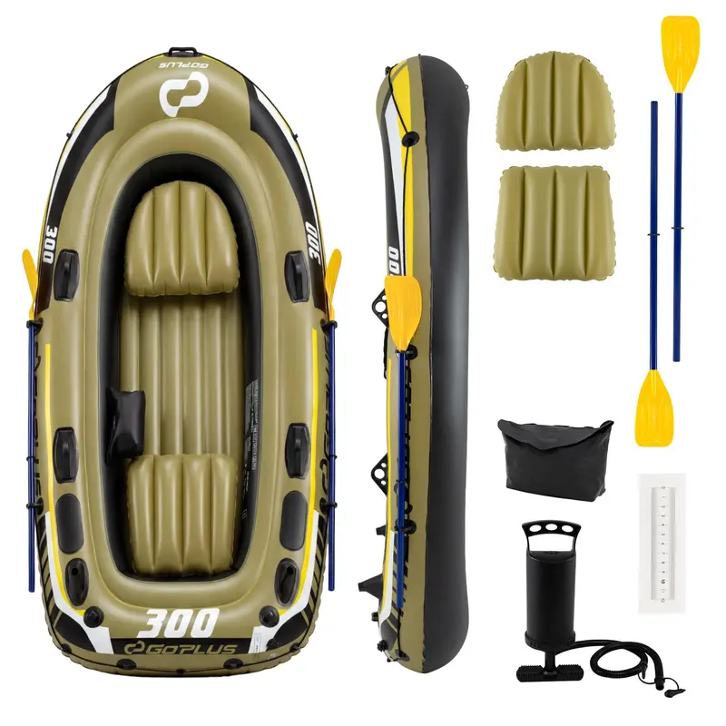 GoPlus Schlauchboot für 3–4 Personen, robustes Angelboot mit Ruder, Polster-Sitzen, Aufbewahrungstasche und Angelrutenhaltern