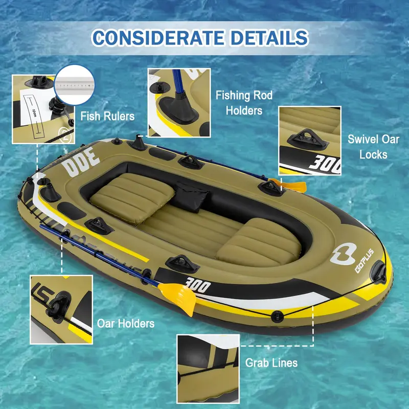 GoPlus Schlauchboot für 3–4 Personen, robustes Angelboot mit Ruder, Polster-Sitzen, Aufbewahrungstasche und Angelrutenhaltern