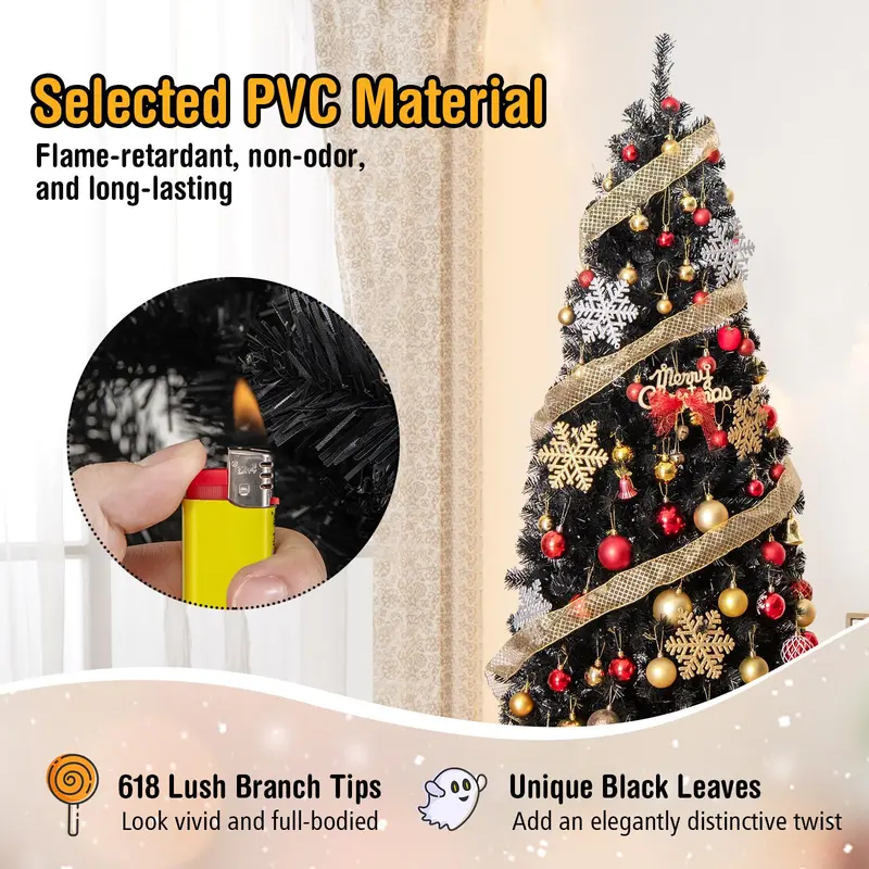 GoPlus Schwarzer Bleistift-Weihnachtsbaum, vorbeleuchteter künstlicher Halloween-Baum