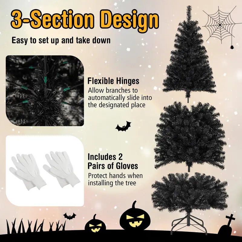 GoPlus Schwarzer Bleistift-Weihnachtsbaum, vorbeleuchteter künstlicher Halloween-Baum