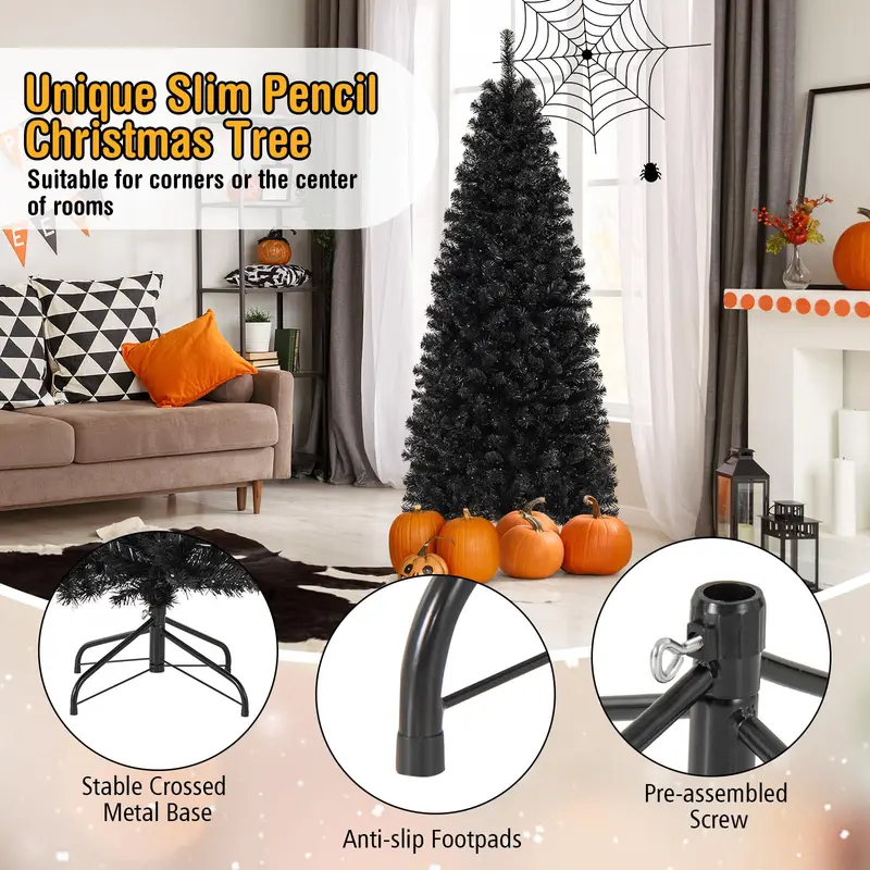 GoPlus Schwarzer Bleistift-Weihnachtsbaum, vorbeleuchteter künstlicher Halloween-Baum