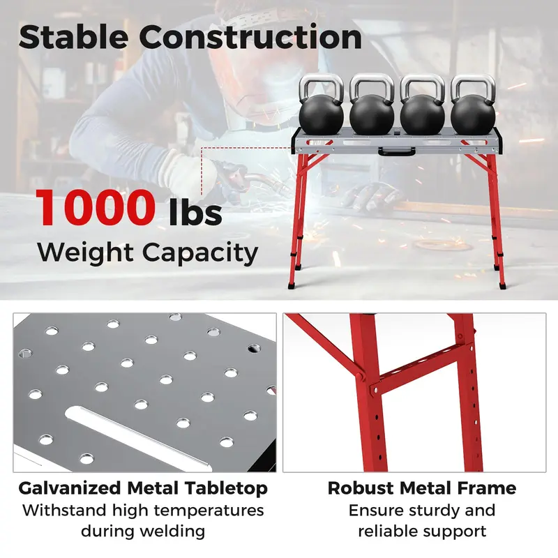 Goplus Schweißtisch 42" x 21", klappbarer, höhenverstellbarer Schweiß-Arbeitstisch mit 450 kg Tragkraft, 2 Spannleisten und 8 Werkzeugaufnahmen