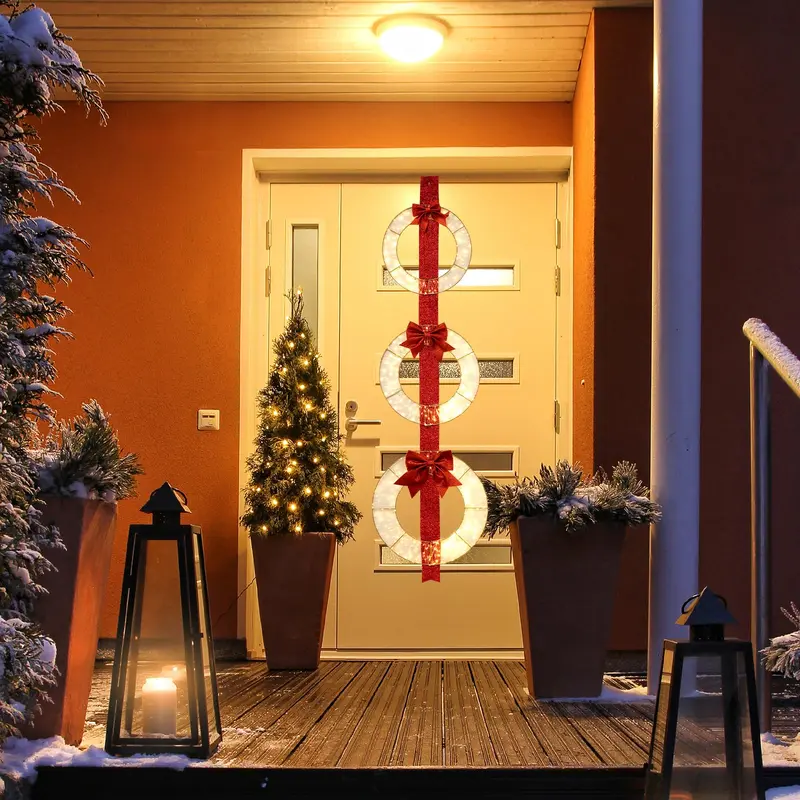 GoPlus-Set aus 3 vorgefertigten, beleuchteten Weihnachtskränzen, 1,77 m große weihnachtliche Lichtdekorationen mit rotem Band und 450 LED-Leuchten 2
