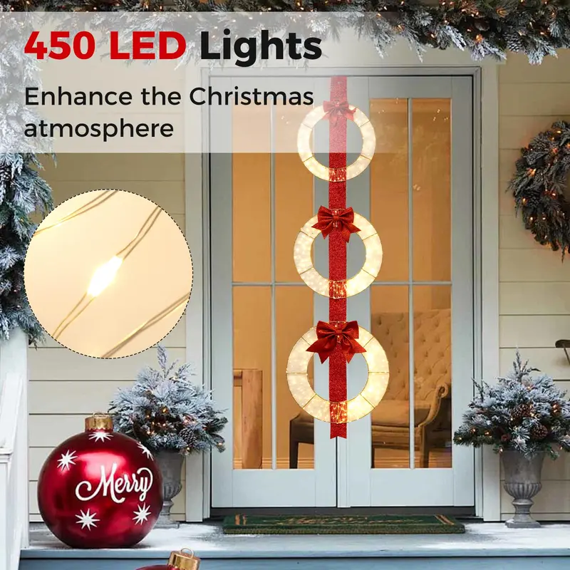 GoPlus-Set aus 3 vorgefertigten, beleuchteten Weihnachtskränzen, 1,77 m große weihnachtliche Lichtdekorationen mit rotem Band und 450 LED-Leuchten
