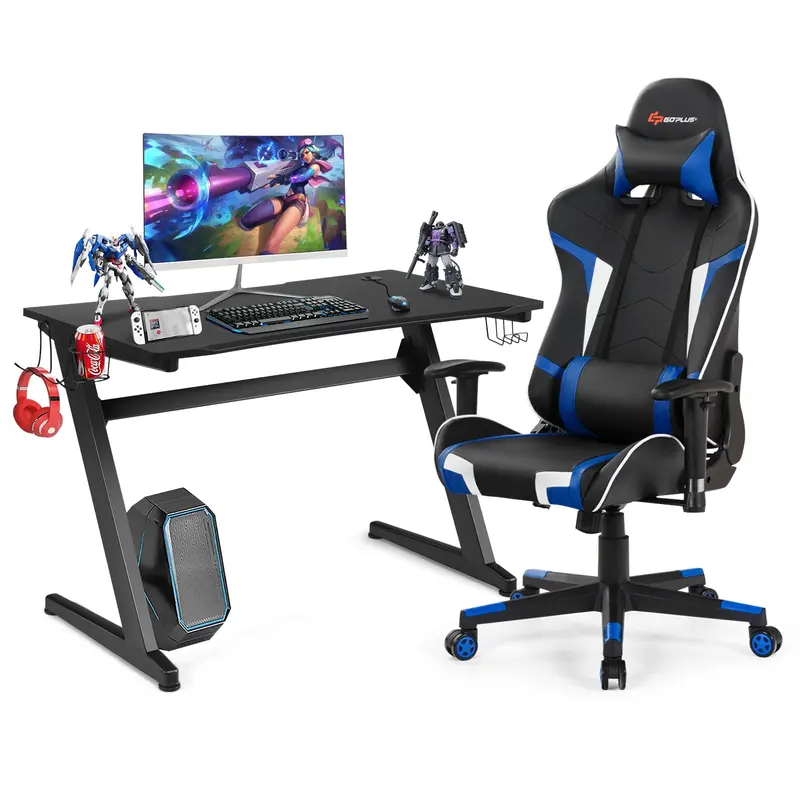 GoPlus-Spiel-Schreibtisch- und Stuhl-Set im Rennstil, Heimbüro-Stuhl mit Becherhalter, Kopfhörerhaken und Mauspad