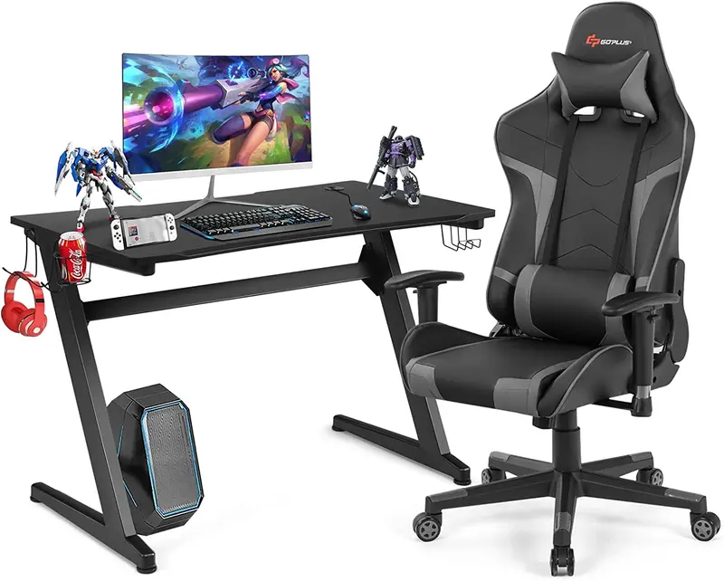 GoPlus-Spiel-Schreibtisch- und Stuhl-Set im Rennstil, Heimbüro-Stuhl mit Becherhalter, Kopfhörerhaken und Mauspad