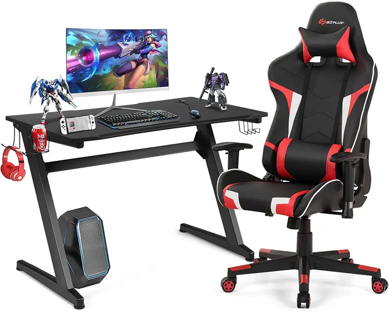 GoPlus-Spiel-Schreibtisch- und Stuhl-Set im Rennstil, Heimbüro-Stuhl mit Becherhalter, Kopfhörerhaken und Mauspad