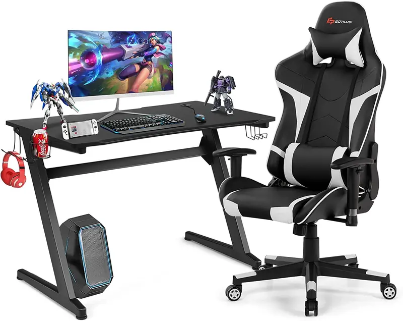 GoPlus-Spiel-Schreibtisch- und Stuhl-Set im Rennstil, Heimbüro-Stuhl mit Becherhalter, Kopfhörerhaken und Mauspad