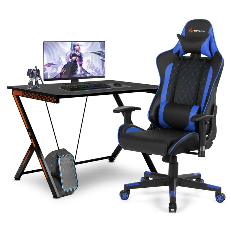 GoPlus-Spielertisch und -Stuhl im Rennstil – Kombipaket für Heimbüro und Gaming-Arbeitsplatz mit Massage-Lendenstütze und Kopfstütze