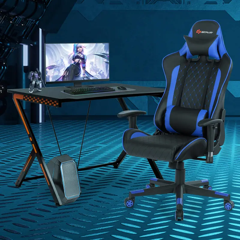 GoPlus-Spielertisch und -Stuhl im Rennstil – Kombipaket für Heimbüro und Gaming-Arbeitsplatz mit Massage-Lendenstütze und Kopfstütze 2
