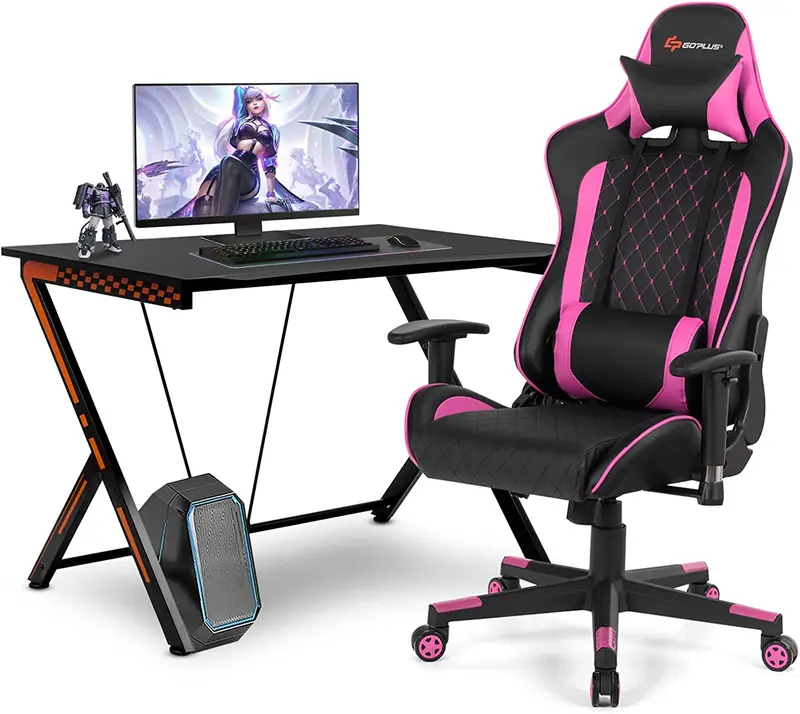 GoPlus-Spielertisch und -Stuhl im Rennstil – Kombipaket für Heimbüro und Gaming-Arbeitsplatz mit Massage-Lendenstütze und Kopfstütze