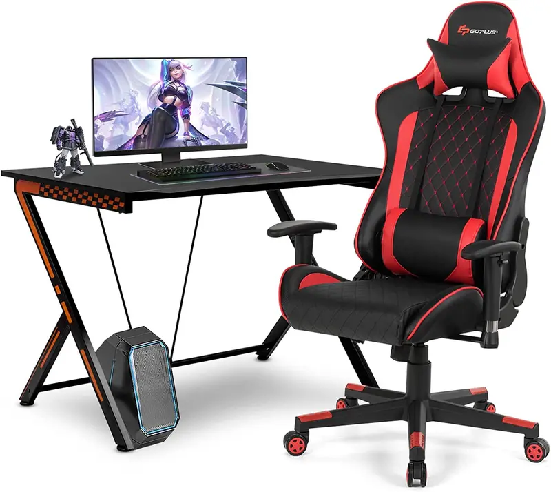 GoPlus-Spielertisch und -Stuhl im Rennstil – Kombipaket für Heimbüro und Gaming-Arbeitsplatz mit Massage-Lendenstütze und Kopfstütze