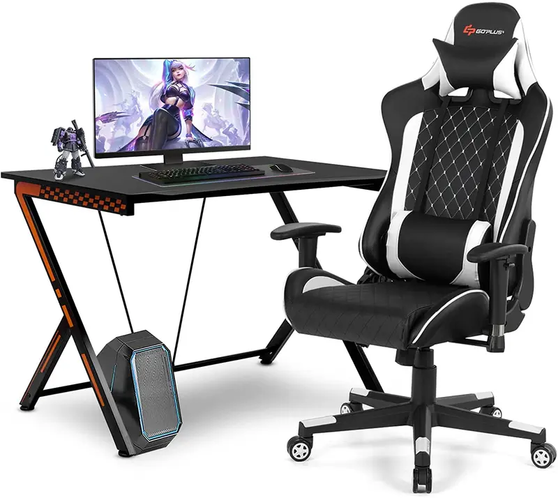 GoPlus-Spielertisch und -Stuhl im Rennstil – Kombipaket für Heimbüro und Gaming-Arbeitsplatz mit Massage-Lendenstütze und Kopfstütze