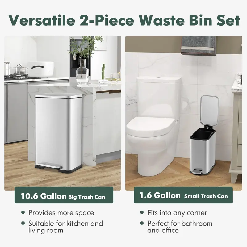 Goplus-Step-Mülleimer-Set aus Edelstahl, 40 l (10,6 Gal) und 6 l (1,6 Gal) 2