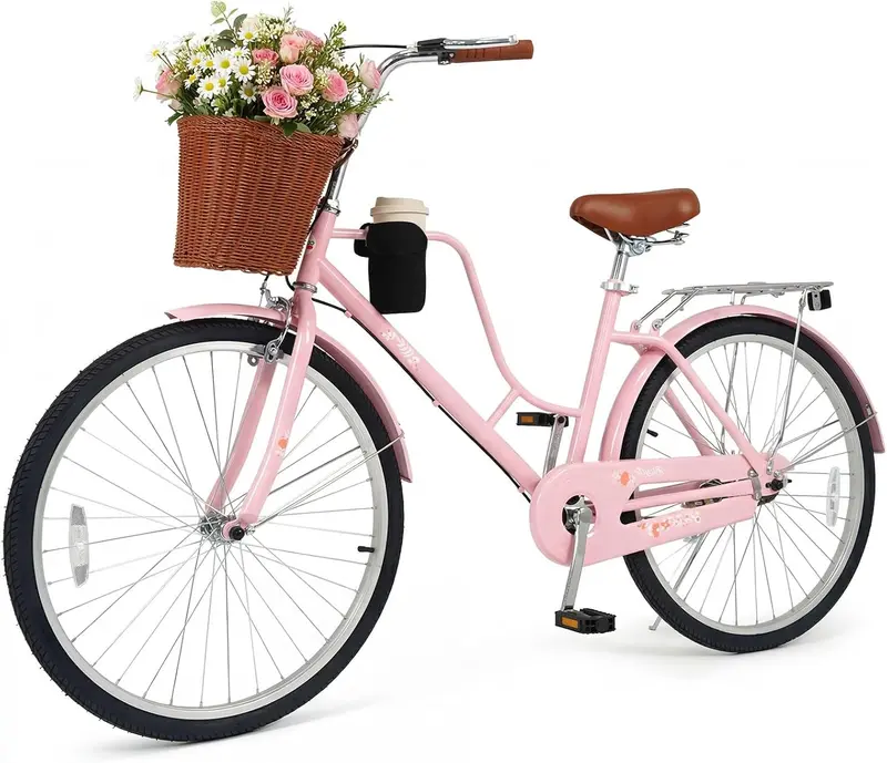 GoPlus Strand-Cruiser-Fahrrad für Frauen, 24/26 Zoll, mit Becherhalter, Korb und vorderen sowie hinteren Reflektoren