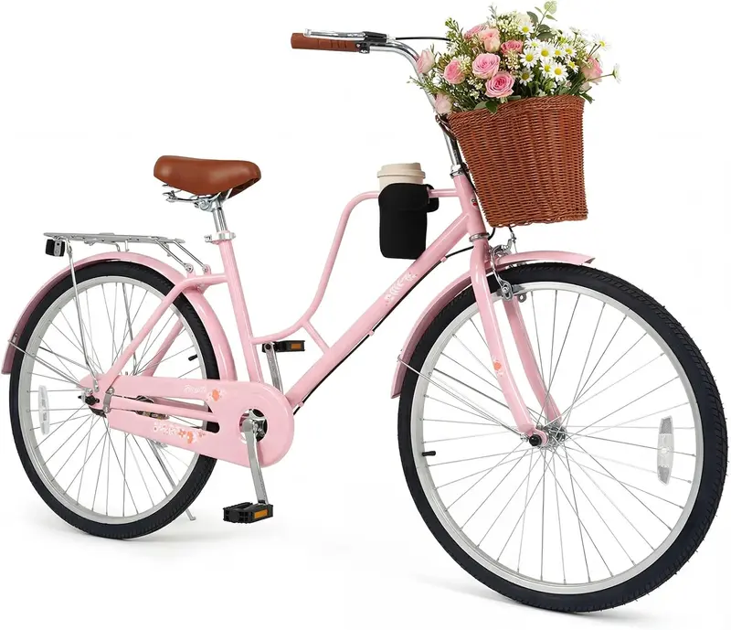 GoPlus Strand-Cruiser-Fahrrad für Frauen, 24/26 Zoll, mit Becherhalter, Korb und vorderen sowie hinteren Reflektoren 2