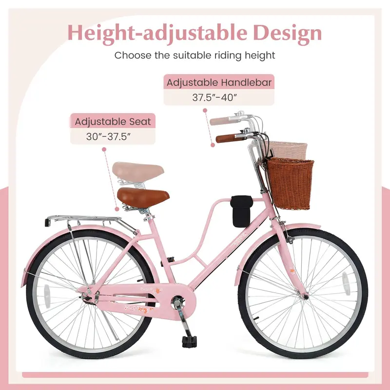 GoPlus Strand-Cruiser-Fahrrad für Frauen, 24/26 Zoll, mit Becherhalter, Korb und vorderen sowie hinteren Reflektoren