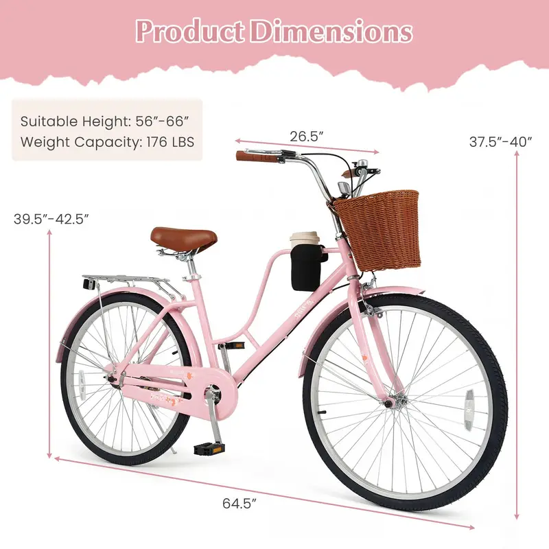 GoPlus Strand-Cruiser-Fahrrad für Frauen, 24/26 Zoll, mit Becherhalter, Korb und vorderen sowie hinteren Reflektoren
