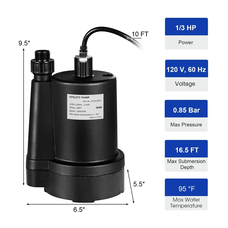 GoPlus-Tauchpumpe, 1/3 PS, 2400 GPH, Tauchsumpfpumpe mit 3 m Netzkabel und Einlassfilter