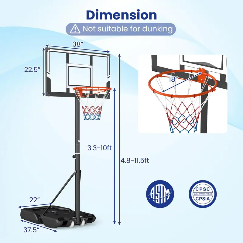 Goplus tragbares, 3,3–10 Fuß (ca. 1–3 m) höhenverstellbares Basketballkorb-System mit splitterfestem Polycarbonat-Backboard