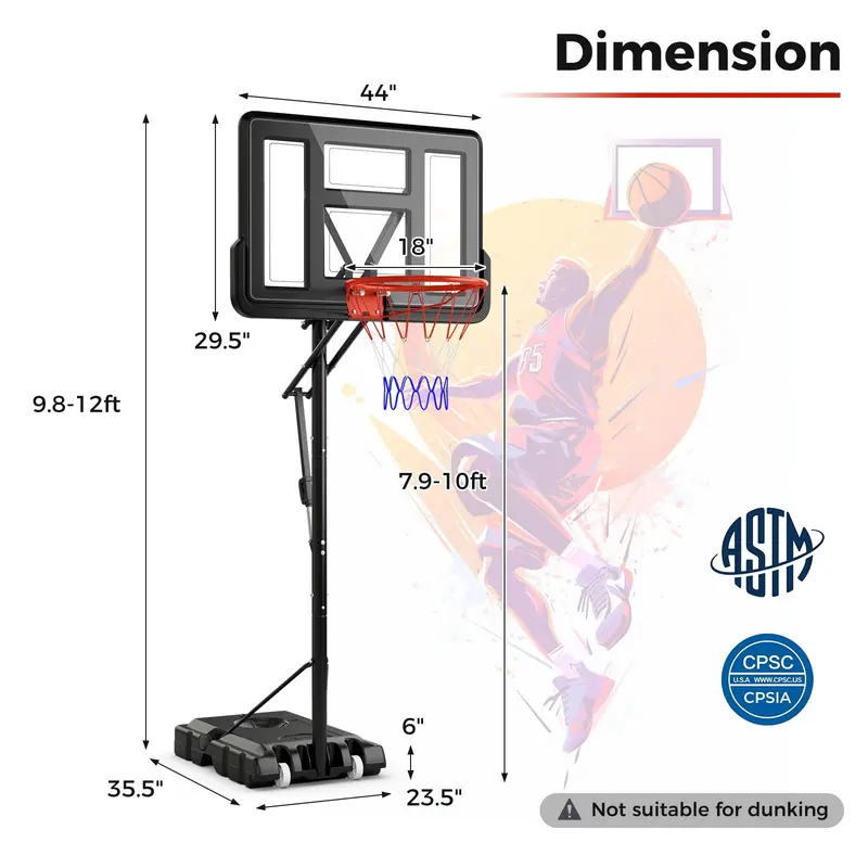 Goplus tragbares Basketballkorb-System für den Außenbereich, 2,4–3,05 m höhenverstellbar mit 112 cm durchschlagfestem Rückwand