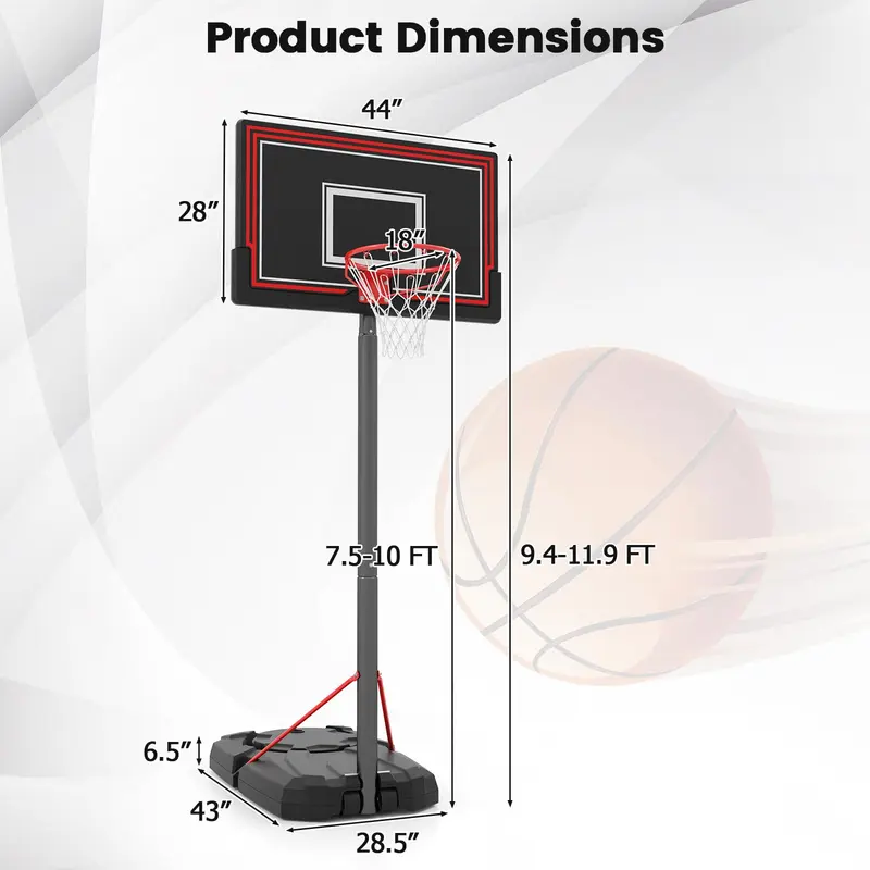 Goplus tragbares Basketballkorb-System für den Außenbereich, höhenverstellbar von 2,29–3,05 m, mit 112 cm bruchsicherem Rückwand