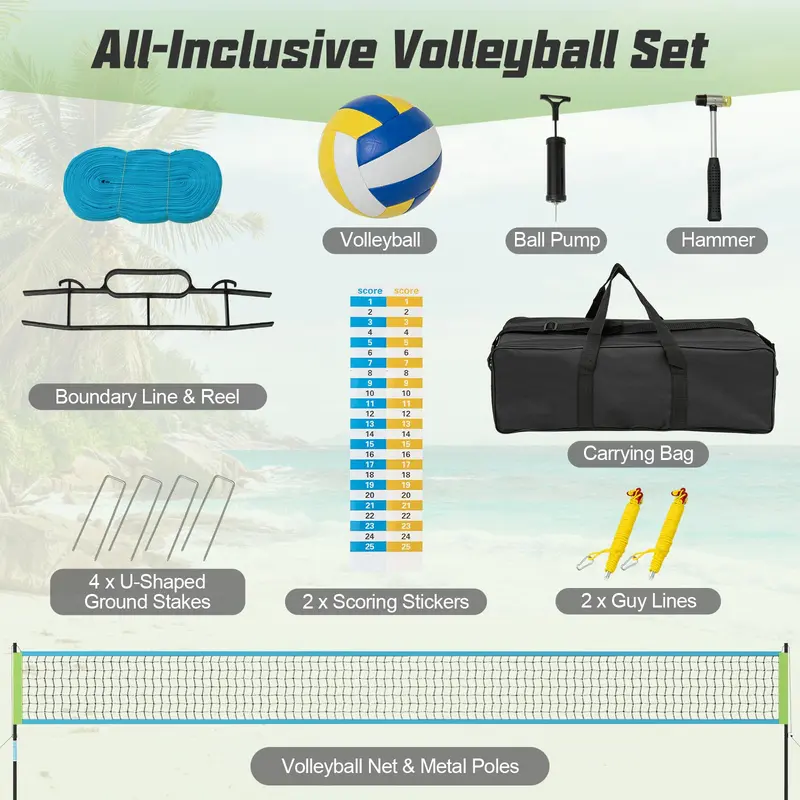 Goplus tragbares Volleyballnetz für den Außenbereich mit Set – einfache Montage, höhenverstellbare Stangen