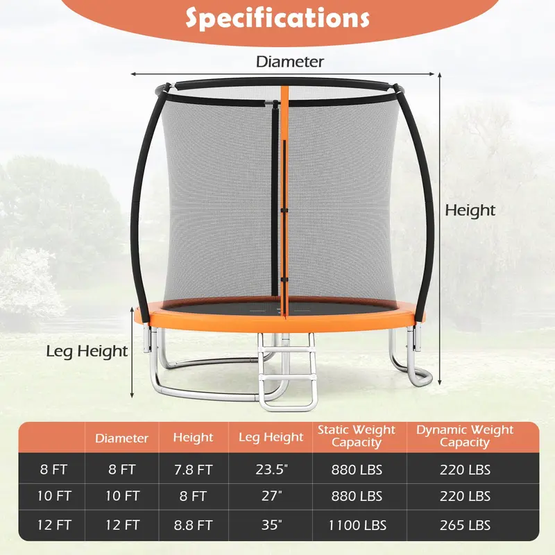 Goplus Trampolin für Kinder, 2,44 m / 3,05 m / 3,66 m (8 ft / 10 ft / 12 ft), ASTM-zertifiziert, robustes Freizeittrampolin mit Sicherheitsnetz
