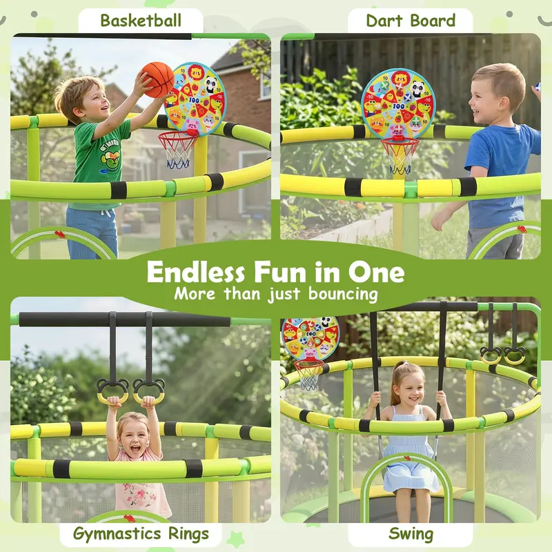GoPlus Trampolin für Kinder mit Sicherheitsnetz, verstellbarer Turnstange, Schaukel und Basketballkorb 2