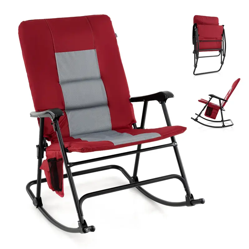 GoPlus Übergroßer klappbarer Schaukelstuhl, gepolsterter Lounge-Schaukelstuhl für den Außenbereich mit Metallgestell, Armlehnen und Seitentasche