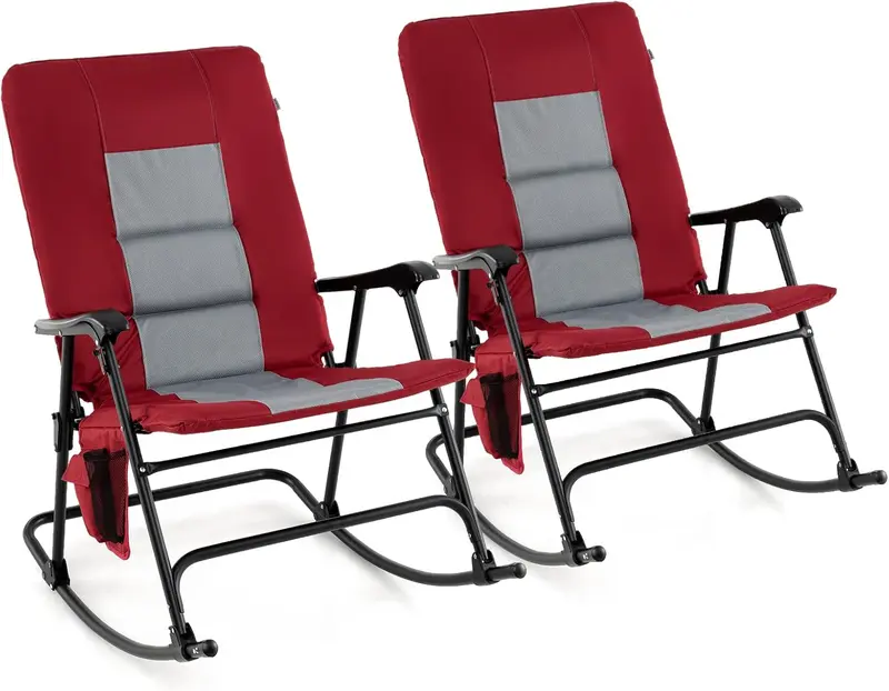 GoPlus Übergroßer klappbarer Schaukelstuhl, gepolsterter Lounge-Schaukelstuhl für den Außenbereich mit Metallgestell, Armlehnen und Seitentasche
