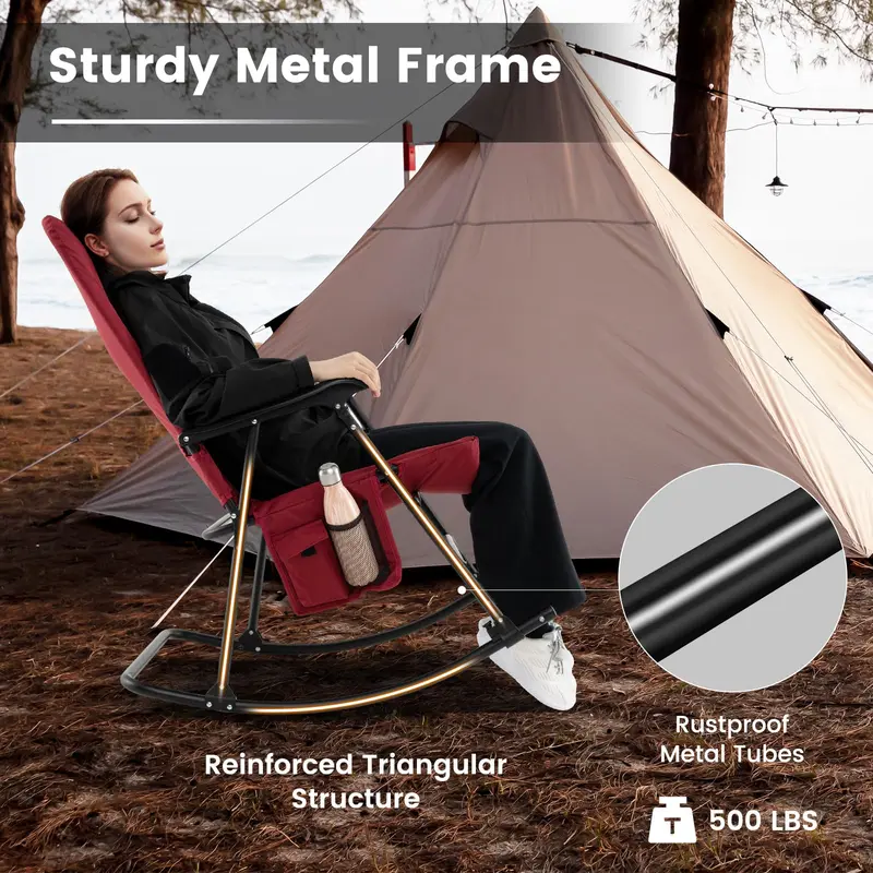 GoPlus Übergroßer klappbarer Schaukelstuhl, gepolsterter Lounge-Schaukelstuhl für den Außenbereich mit Metallgestell, Armlehnen und Seitentasche