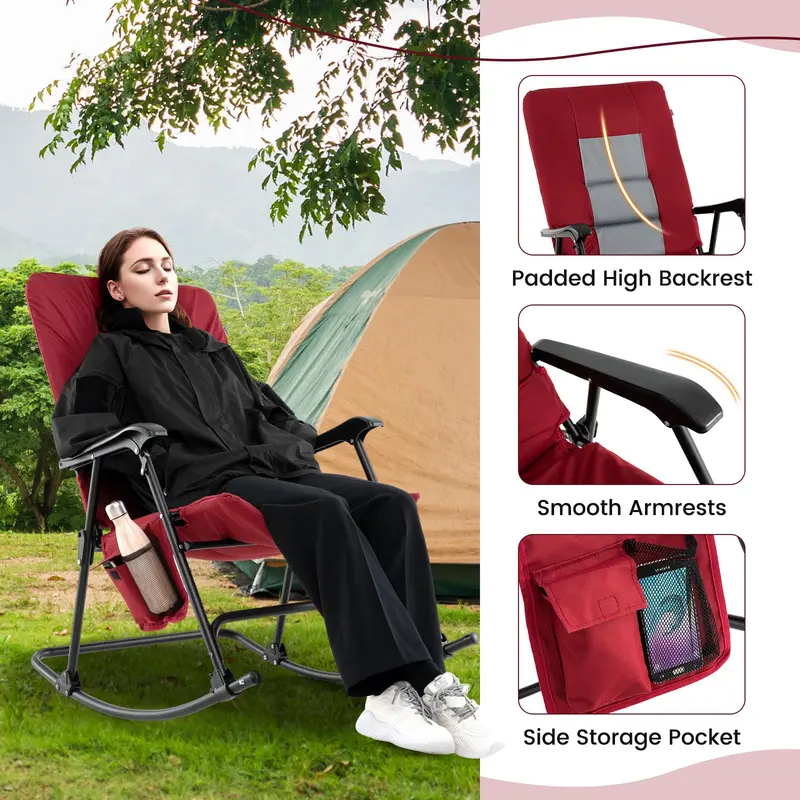 GoPlus Übergroßer klappbarer Schaukelstuhl, gepolsterter Lounge-Schaukelstuhl für den Außenbereich mit Metallgestell, Armlehnen und Seitentasche