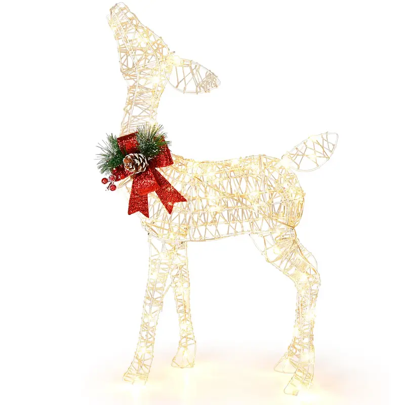 Goplus Weihnachts-Beleuchtungshirsch mit vormontierten Lichtern, beleuchtetes Rehkitz mit 50 warmweißen LED-Leuchten und roter Schleife